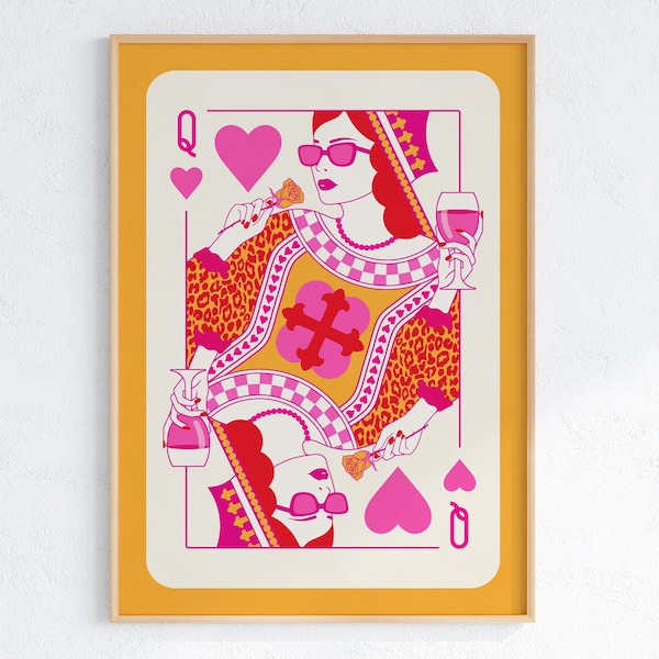 Queen of Hearts Print, Dopamine Decor, Maximalist Wall Art Retro Preppy Dorm Decor Bar Cart Colorful Wall Art