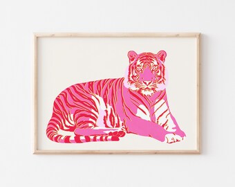 Red and Pink Large Tiger Print Pop Art Asthetic Poster Funky Retro Preppy Dorm Room Horizontal Maximalist wall art