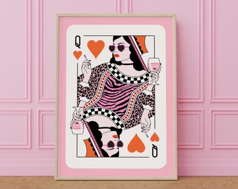 Queen of Hearts Pink Leopard Dorm Decor Maximalist Wall Art Ladies Night Champaign Bar Cart Preppy Girls Room