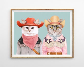 Cowboy Cats Art Print - Kleurrijke Wall Art - Maximalistisch Decor - Funky Western Eclectic Room Decor