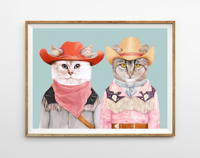 Cowboy Katzen Kunstdruck - Bunte Wandkunst - Maximalistisches Dekor - Funky Western Eclectic Raumdekor
