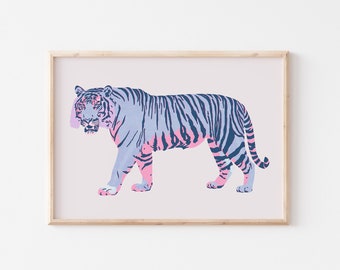 Tiger Wall Art Print Large Maximalist Wall Art Blue Lavendar Decor Dorm Decor For College Girls Room Print