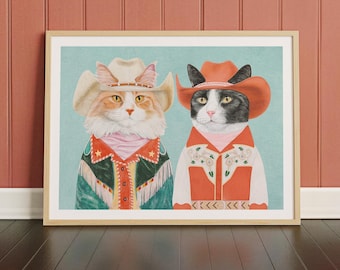 Wild West Cat Art Print  – Quirky Maximalist Wall Art - Funny Cat Rodeo Poster