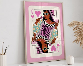 Black Queen of Hearts Digital Download Pink Preppy Dorm Decor Roommate Gift Printable Wall Art y2k Aesthetic Pop Art