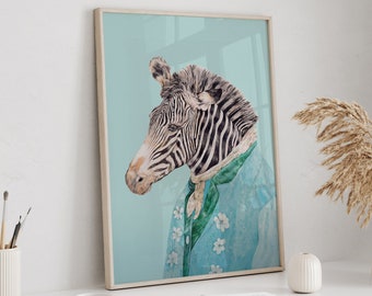 Blue Zebra Painitng Large Maximalist Print Baby Blue Coastal Decor Digital Download Printable Wall Art