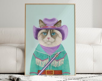 Rodeo Ragdoll Cat Print - Quirky Western Cat Gift, Vibrant Colorful Coastal Cowgirl Wall Art, Roommate Decor