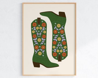 Floral Cowboy Boots Print Boho Trendy Cowgirl Western Green Aesthetic Decor