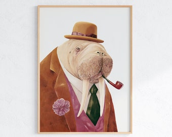 Walrus Painting Digital Download Printable Wall Art, Dapper Animals in Clothes Retro Vintage Mid century Room Decor