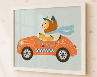 Lion Race Car Wall Art for Boys Room, Colorful Retro Kids Decor, Printable Digital Download