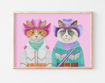 Rodeo Cats Art Print, Western Preppy Pastel Room Decor, Large Maximalist Poster, Cowgirl White Cat, Ginger Cat Lover Gifts