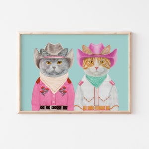 Carnival Cats Print, Colorful Western Rodeo Art, Large Funky Maximalist Dorm Room Decor, Bristish ShortHair Cat Portrait, Wall art,