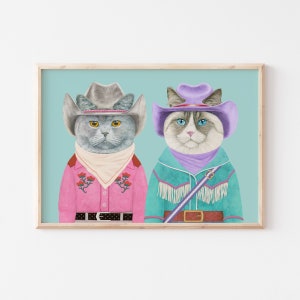 Rodeo Cats Art Print, Colorful Western Room Decor, Cat Lovers Gift, Cute Cat Poster, Eclectic Home Decor, Boho Wall Art image 1