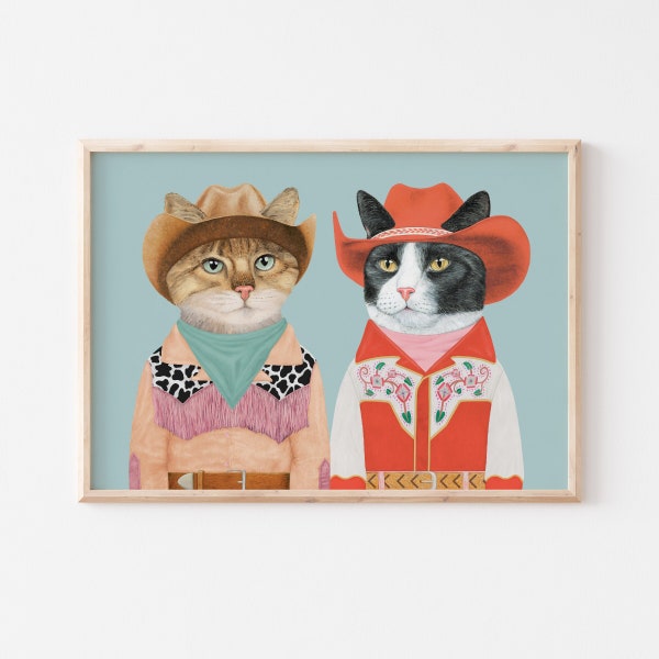 Cowboy Cat Duo Art Print, Quirky Cowhide Western Cowboy Pet Poster, Trendy Holiday Cat Lover Gifts