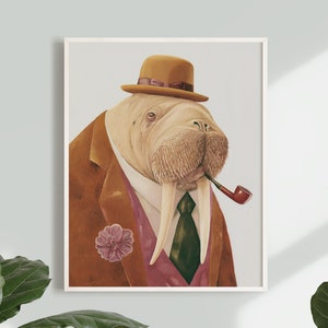 Walrus Painting Digital Download Printable Wall Art, Dapper Animals in Clothes Retro Vintage Mid century Room Decor