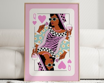 Black Queen of Hearts Poster Playing Card Dorm Room Decor Maximalist Wall Art Ladies Night Bar Cart Print Pink Preppy Girls Room