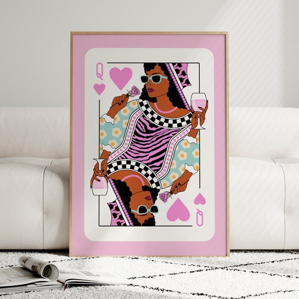 Black Queen of Hearts Poster Playing Card Dorm Room Decor Maximalist Wall Art Ladies Night Bar Cart Print Pink Preppy Girls Room