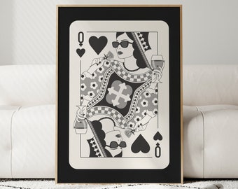 Queen of Hearts Black and Beige Neutral Room Decor 70s Retro Noir Poster Printable Apartment Wall Art Bar Cart Poster