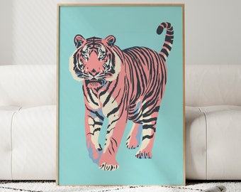 Tiger Digital Download Printable Wall Art, Preppy Colorful Roommate Gift Dorm Room Decor, Boho Turquise and Coral, y2k Aesthetic Pop Art