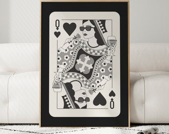 Queen of Hearts Black and Beige Neutral Room Decor 70s Retro Noir Poster Printable Apartment Wall Art Bar Cart Poster