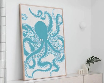Octopus Art Print, Blue Coastal Wall Art, Tropical Beach House Room Decor, Beach House Living Room Decor, Under The Sea Nautical Nursery