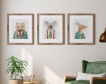 Set of 3 Art Prints - Rustic Australian Animal Interior Wall Art - Wombat, Koala, Kangaroo