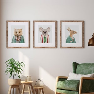 Set of 3 Art Prints - Rustic Australian Animal Interior Wall Art - Wombat, Koala, Kangaroo