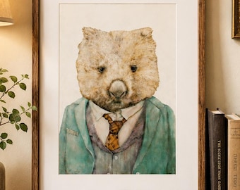 Wombat Gentleman Portrait Print, Whimsical Animal Wall Art, Eclectic Gallery Wall Decor, Vintage Anthropomorphic Illustration