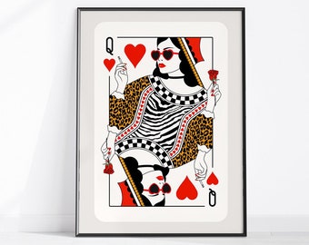 Queen of Hearts Art Print Funky Bad Girl Dorm Decor Maximalist Wall Art Ladies Night Bar Cart Preppy Girls Room