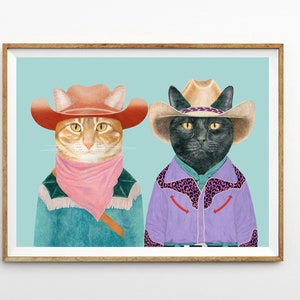 カウボーイ キャッツ アートプリント - オレンジ キャット、黒猫、カラフルなマキシマリスト ウォール アート、ウエスタン ルーム デコレーション、猫好きへのギフト、折衷的な牧場アート