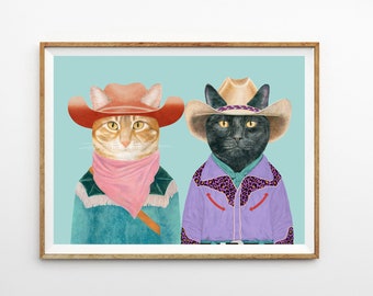 Cowboy Cats Art Print - Orange Cat, Black Cat, Colorful Maximalist Wall Art, Western Room Decor, Cat lovers Gifts, Eclectic Ranch Art