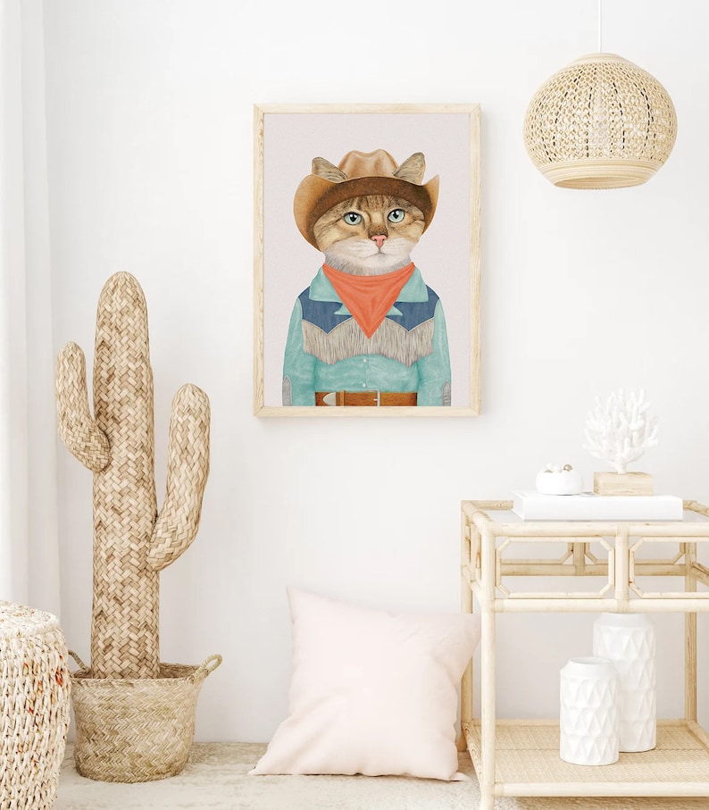 Rodeo Kitten Art Print Colorful Boho Cowgirl Wall Decor Ginger Cowboy Cat image 3