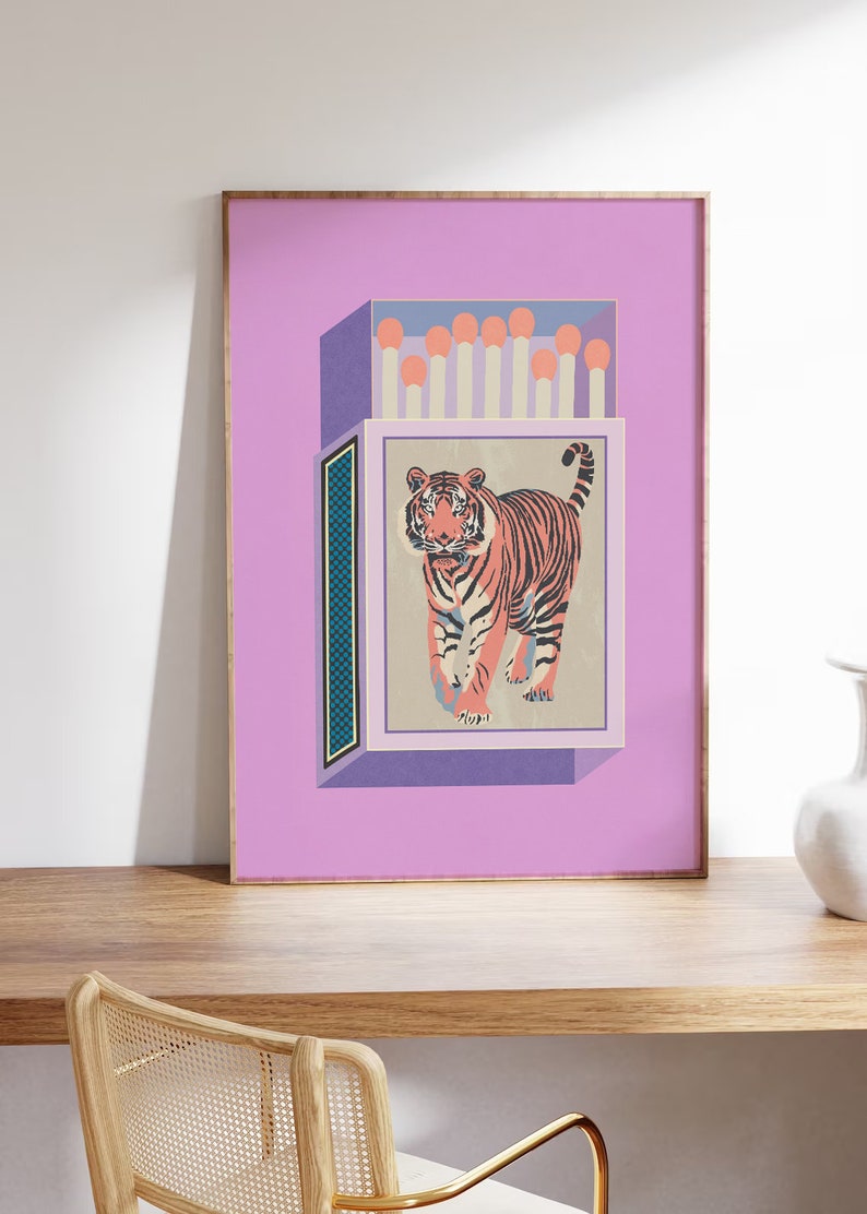 Retro Matchbox Art Print Pink Lavendar Luxe Boho Chic Maximalist Wall Art Tiger Print image 5