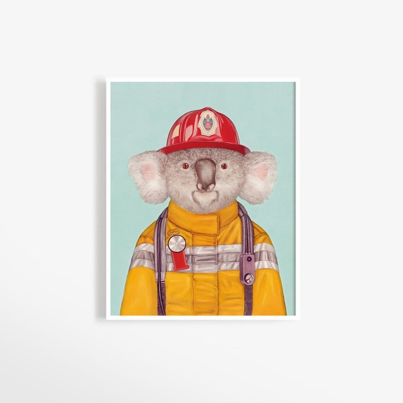 Firefighter Koala Print – Australian Wall Art – Nursery Animals – Kids Room Decor – Fireman Koala Illustration