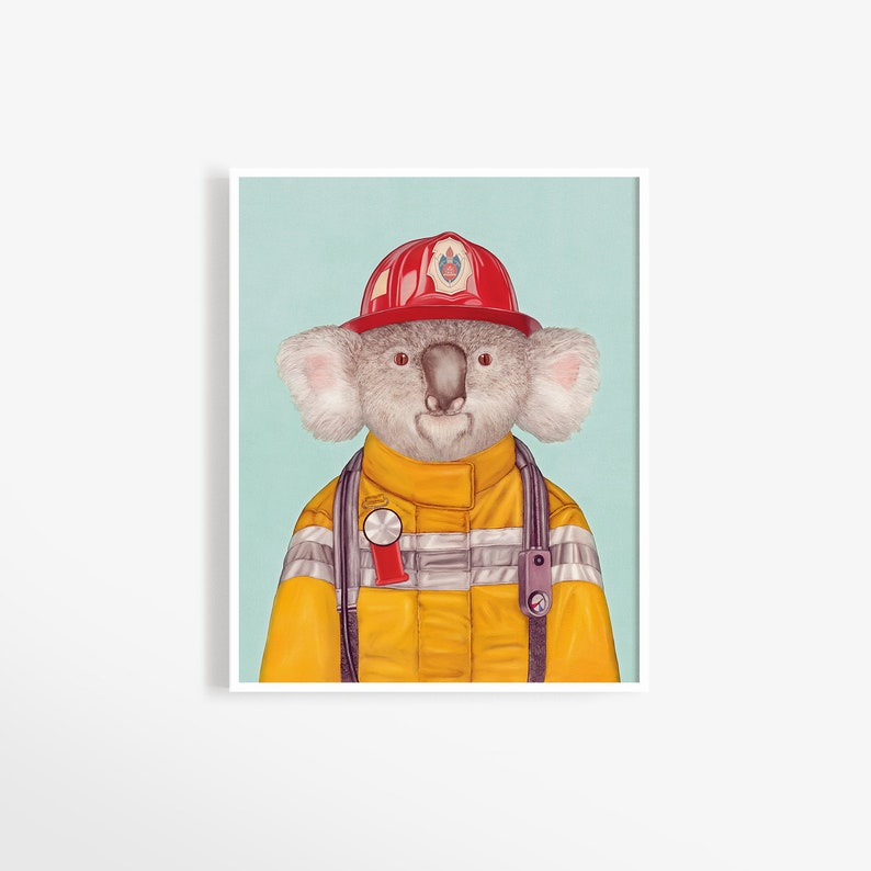 May include: A koala wearing a red firefighter helmet and yellow firefighter uniform with reflective stripes. The koala has a serious expression on its face.