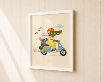 Happy Crocodile Scooter Nursery Wall Art, Whimsical Kids Room Decor, Printable Digital Download