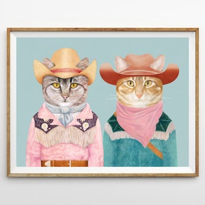 Rodeo Cats Art Print - Tabby Cat and Ginger Cat Cowboys Wall Art - Colorful Eclectic Room Decor - Western Maximalist Decor