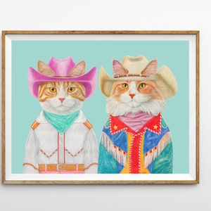 Colorful Rodeo Cowboy Ginger Cats Print, Western cowboy aesthetic, Pink Cyan Funky room decor, Gift for Cat lovers, Maximalism art