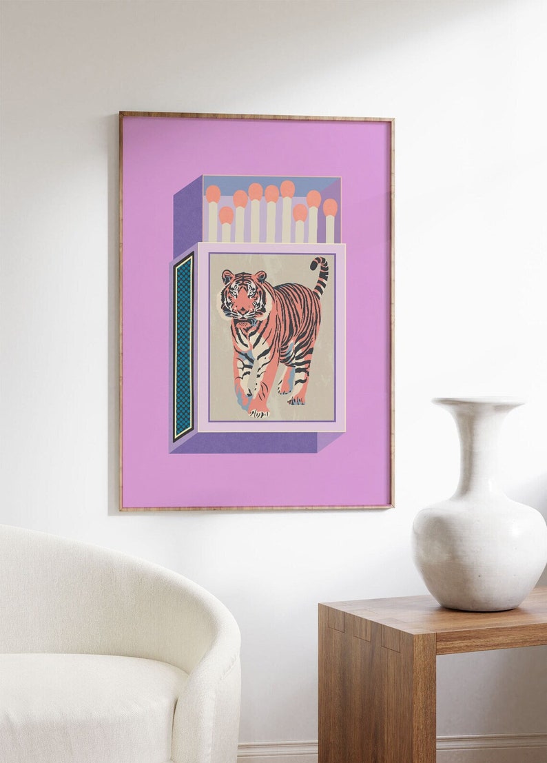 Retro Matchbox Art Print Pink Lavendar Luxe Boho Chic Maximalist Wall Art Tiger Print image 1