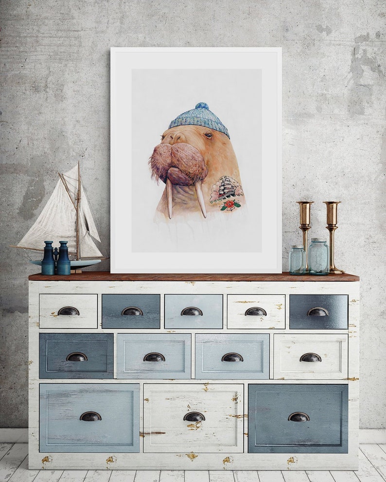 Tattooed Walrus Art Print Nautical Nursery Wall Art Tattooed Sailor Sea Walrus image 4