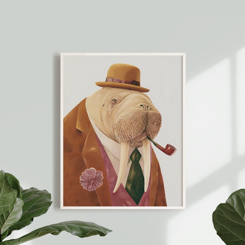 Walrus Painting Digital Download Printable Wall Art, Dapper Animals in Clothes Retro Vintage Mid century Room Decor image 9