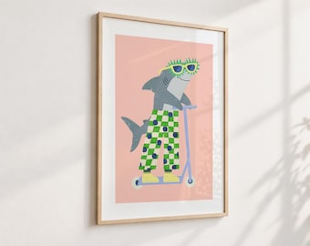 Shark Scooter Illustration, Kids Playroom Wall Art, Whimsical Children's Decor, Digital Download