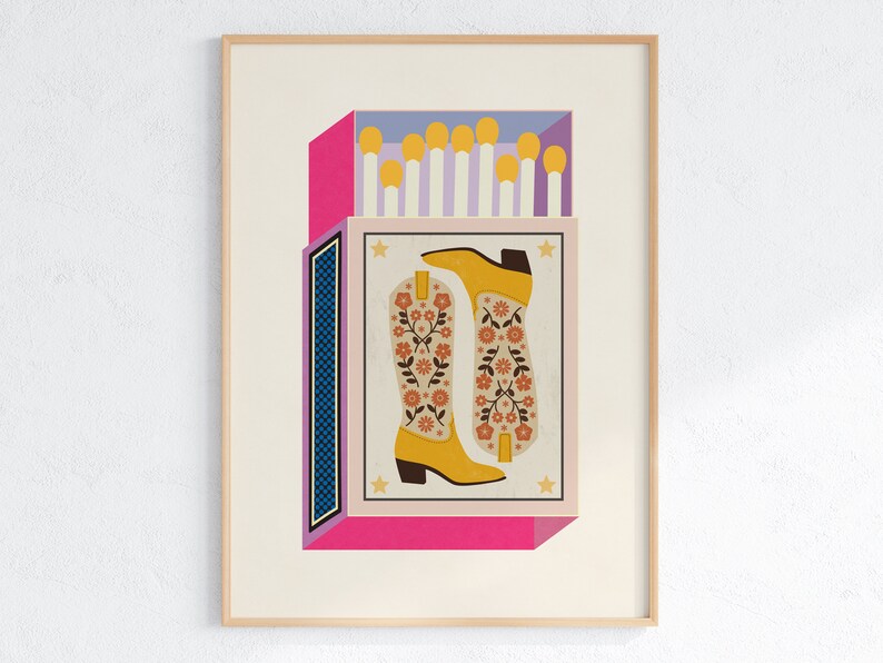 Cowboy Boots Retro Matchbox Print Maximalist Asthetic Poster Dorm Room Wall Art Vintage Illustration Decor image 1