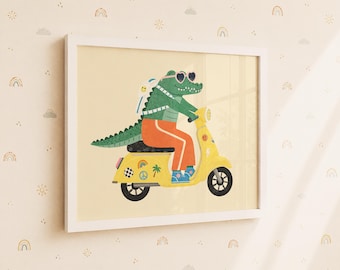 Alligator Vespa Wall Art, Funky Crocodile Scooter,  Kids Playroom Decor, Printable Digital Download