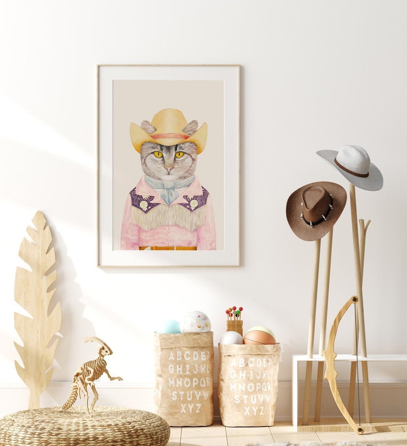 Impresión de arte de gato vaquero Decoración de pared pastel occidental del país, impresión occidental boho, decoración del hogar del suroeste, decoración moderna peculiar imagen 3