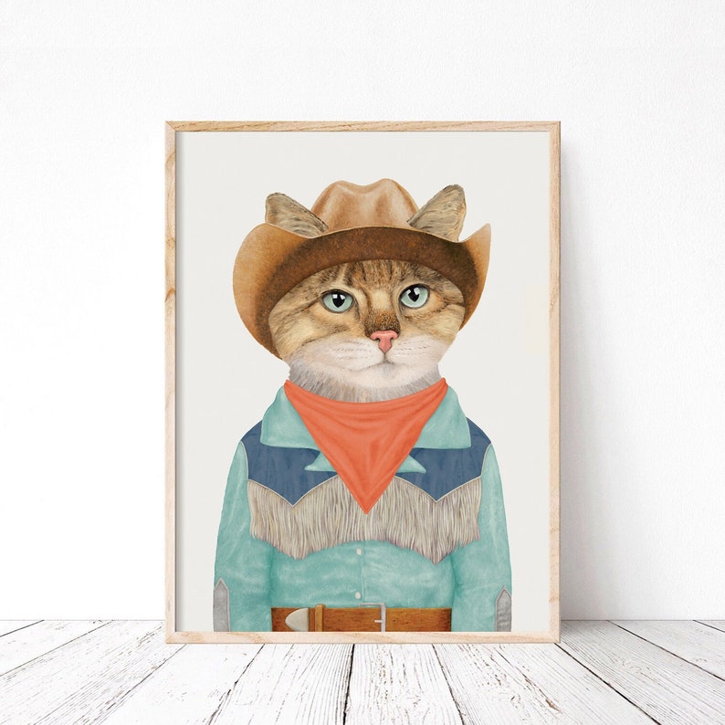 Rodeo Kitten Art Print Colorful Boho Cowgirl Wall Decor Ginger Cowboy Cat image 1