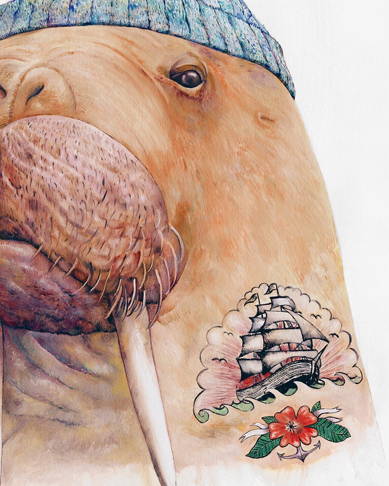 Tattooed Walrus Art Print Nautical Nursery Wall Art Tattooed Sailor Sea Walrus image 2