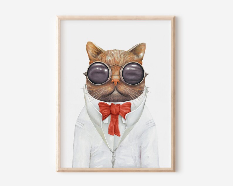 Steampunk Cat Art Print Kids room Wall Art 80's Cool Cat Lovers Pet portrait Astro Space cadet Cat image 1