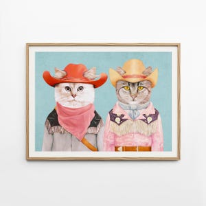 Impression d'art de chat de rodéo | Décoration western rose | Art mural éclectique coloré | Style cow-girl maximaliste | Cadeau original pour maman avec un chat