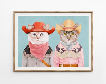 Rodeo Cat Art Print | Pink Western Decor | Colorful Eclectic Wall Art | Maximalist Cowgirl Style | Quirky Cat Mom Gift