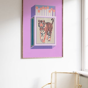 Retro Matchbox Art Print Pink Lavendar Luxe Boho Chic Maximalist Wall Art Tiger Print image 4